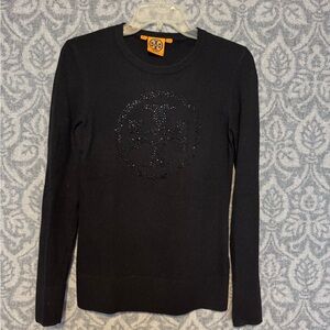 Tory Burch Black Embellished Logo Crewneck Sweater size Xs
